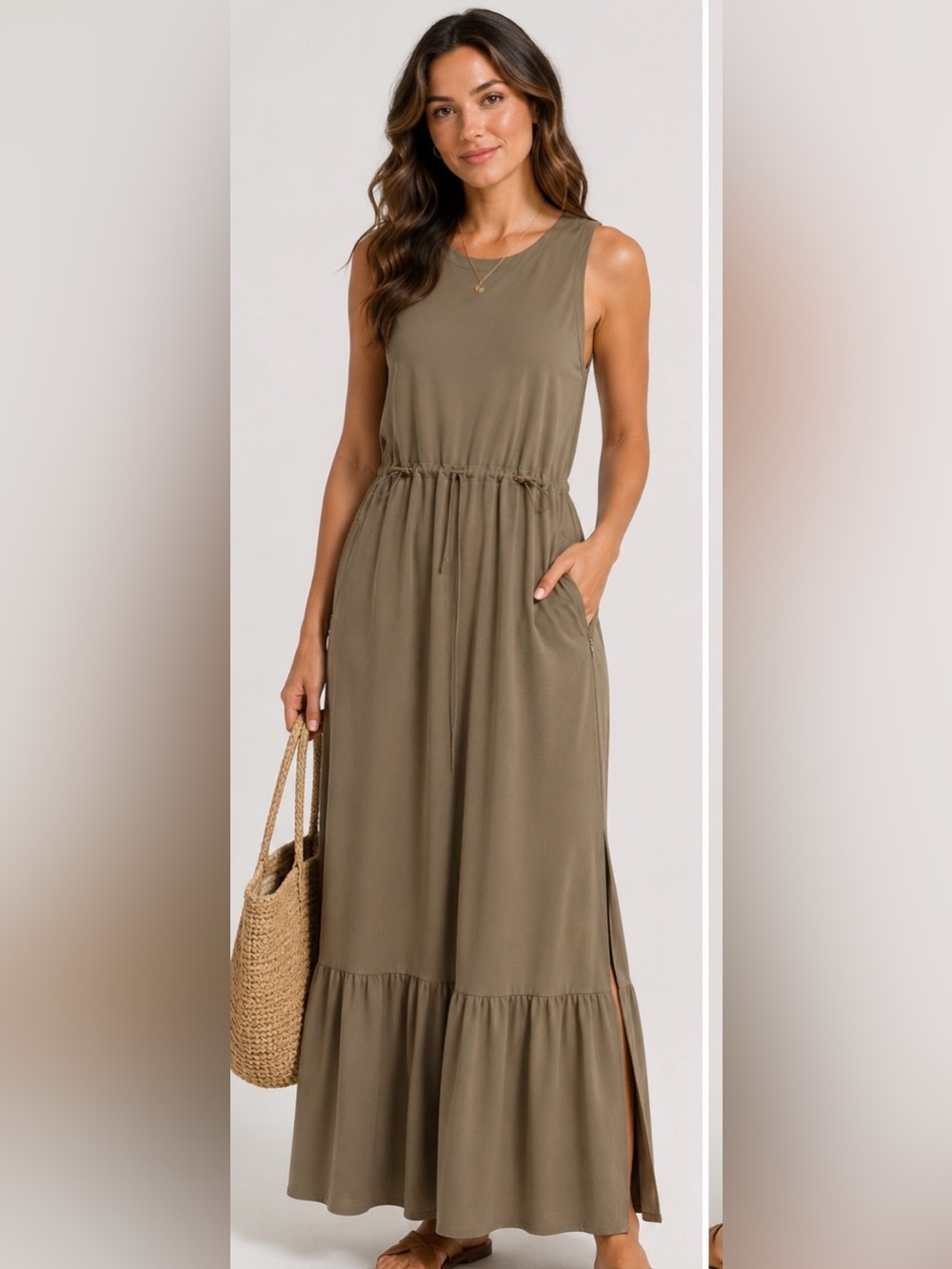 Zella Sleeveless Drawstring Waist Maxi Dress Olive Taupe Size M